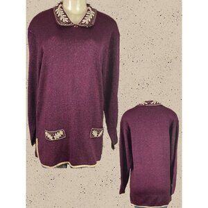 Jocelyn Smith M Wine Pearl Detail Gold Accent Collar Long Sleeve Vintage Sweater
